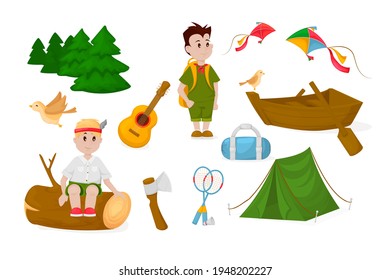 Camping children summer camp park vector illustration fun childhood campfire nature outdoor leisure. Kid mountain hiking tourism picnic expedition. Happy vacation activity and camping equipment.