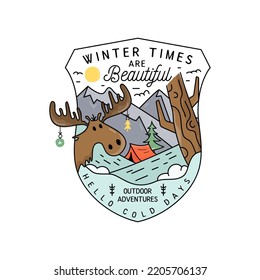 Camping christmas badge design with deer in mountains in line art colorful style and quote - Winter times are beautiful. Travel logo graphics. Stock vector label