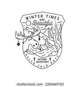 Camping christmas badge design with deer in mountains in line art style and quote - Winter times are beautiful. Travel logo graphics. Stock vector label