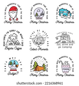 Camping christmas badges set in line art style. Travel adventure with winter landscape, holidays elements. Stock vector logo label with quotes - it is the most beautiful time of the year