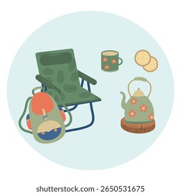 Composição do círculo de acampamento. Mochila, cadeira dobrável, bule de chá, caneca, biscoitos. Ícone Camping round