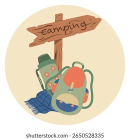 Composição do círculo de acampamento, térmicas, manta de rolo, cobertor, mochila, sinal direcional. Ícone Camping round
