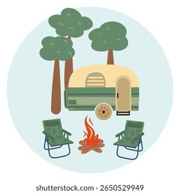 Composição do círculo de acampamento. Árvore, fogueira, caravana, cadeira dobrável. Ícone de acampamento desenhado à mão