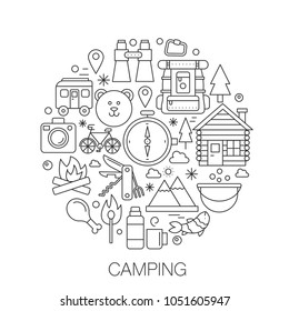 Camping in circle - concept line illustration for cover, emblem, badge. Mountains forest camping thin line stroke icons set.