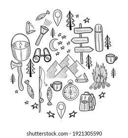 Camping circle doodle composition illustration. Set of doodle forest camping design elements. Hand drawn vector illustration, isolated. Set of tourism equipment, engraved  in sketch.