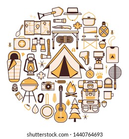 Camping circle print with line adventure icons. Hiking elements concept pattern. Camp and hike equipment outline collection for t-shirt design. Wanderlust scouting appliances, tools and gear.