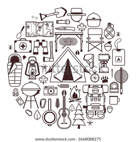 Camping circle print with line adventure icons. Hiking elements concept pattern. Camp and hike equipment outline collection for t-shirt design. Wanderlust scouting appliances, tools and gear.