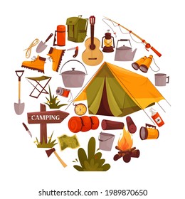 Camping circle print with travel icons. Hiking elements concept template. Collection of hiking and camping equipment for t-shirt design. Tools, tools and equipment for exploring wanderings.