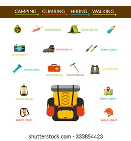 Camping climbing and hiking flat icons set isolated vector illustration