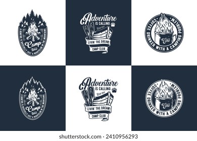 Camping or climbing, wild camp fire, hiking adventure emblems set