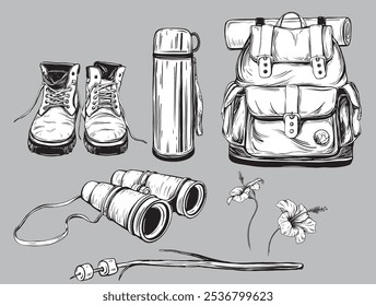 Camping clipart Mochila e binocular. Conjunto turístico de ilustrações vetoriais em estilo linear de tinta Térmica e marshmallow frito. Botas de caminhadas pretas para viagem de turismo ou caminhadas. Flores hibisco isolado