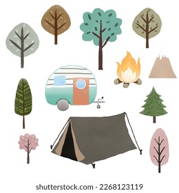 Camping clipart, camp clip art, watercolor camp fire, woods, tent, hiking, digital download