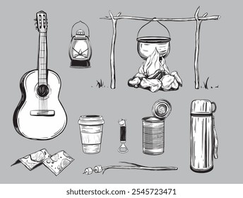 Camping panela clipart ou caldeira no fogo e térmica e mão de marshmallow frito desenhado em estilo doodle . Conjunto de ilustrações vetoriais em tinta lanterna de querosene de estilo linear, abridor de garrafas, lata de estanho, mapa.