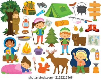 Camping Clipart Set. Summer Camp And Outdoors Collection With Kids, Camping Gear And Animals.