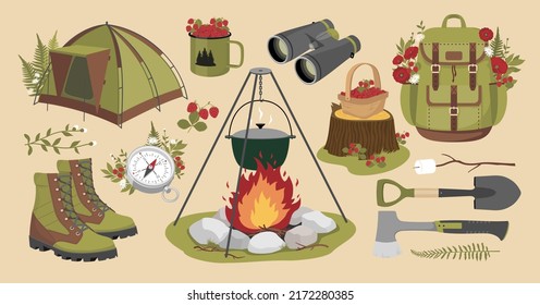 Camping clipart set - tent, backpack, boots, campfire, binoculars. Vector clipart.