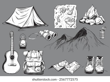 Camping clipart Tent, Fire, Backpack, Guitar in doodle style. Set of vector illustrations in ink linear style kerosene lantern, tin can, map, mountain range, binocular, travel on isolated background.