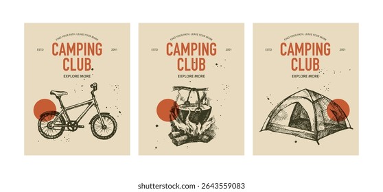 Camping club banners with sketches of bike, tent, and pot on fire. Outdoor adventure, exploration, rustic lifestyle. Travel poster set.. Hand drawn vintage vector illustration