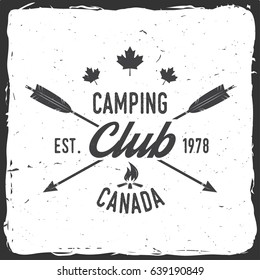 Camping club. Canada. Vector illustration. Concept for shirt or logo, print, stamp or tee. Vintage typography design with campfire and arrows silhouette.