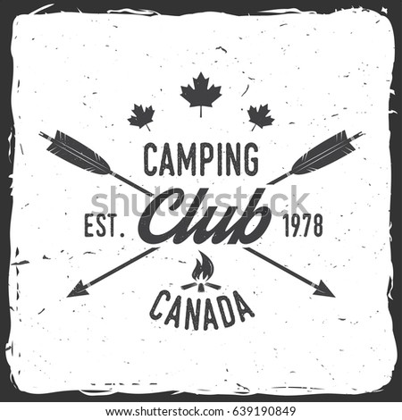 Camping club. Canada. Vector illustration. Concept for shirt or logo, print, stamp or tee. Vintage typography design with campfire and arrows silhouette.