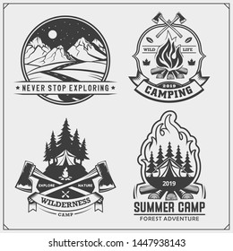 Camping club emblems, badges and design elements. Retro set of mountain tourism, forest camping, outdoor adventure and wanderlust. Print design for camp t-shirt.