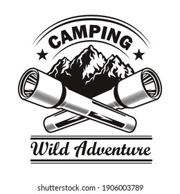 Camping club label design. Monochrome element with flashlights, mountain landscape vector illustration and text. Travel and adventure concept for stamps and emblems templates