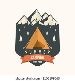 Camping club. Vector illustration. Concept for shirt or logo, print, stamp or tee. Vintage typography design with Camper tent, mountains and forest silhouette.