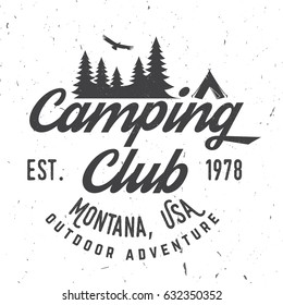 Camping club. Vector illustration. Concept for shirt or logo, print, stamp or tee. Vintage typography design with Camper tent and forest silhouette.