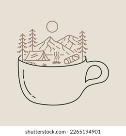 Camping with a Coffee by the Campfire Monoline Design Illustration for Apparel