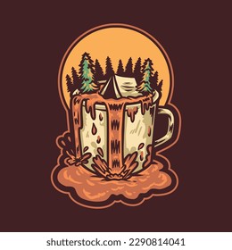Camping in the coffee mug illustration