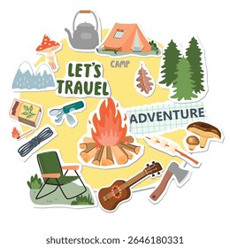 Acampar elementos de colagem conjunto com fogueira, tenda, cogumelos, cadeira, pinhal floresta, folha de carvalho, fósforos, machado, marshmallow, faca dobrável, guitarra, montanhas. Objetos de desenho animado vetorial com formas de corte de papel.