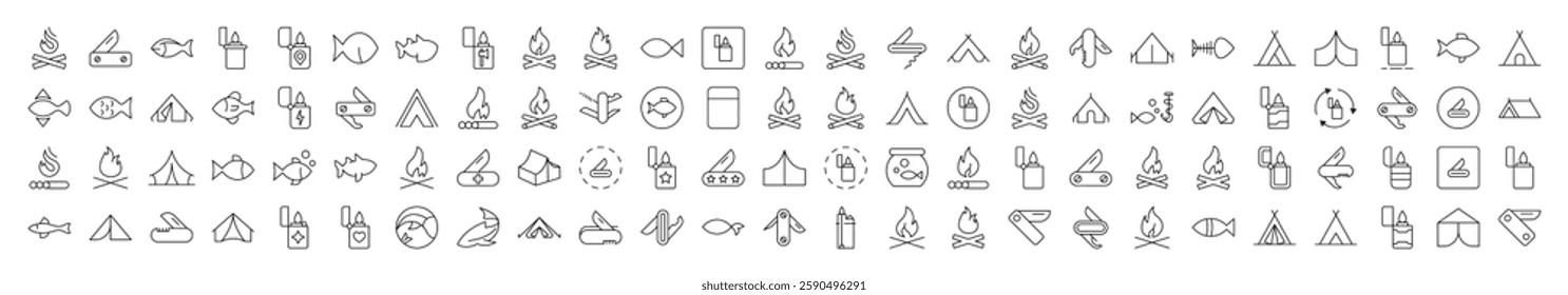 Camping Collection of Isolated Icons. Contains such Elements as Bonfire, Fish, Folding Knife, Tent, Lighter. It Can Be Used for Interface, Posts, Advertisements, Various Cards 