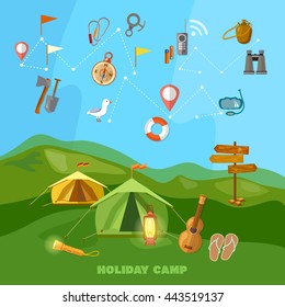 Camping collection outdoor elements hiking tourism and travel vector illustration 