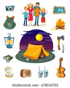 Camping collection. Tourism elements art set