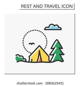  Camping color icon. Touristic overnight stay in a tent or recreational vehicle. Picnic. Adventure tourism. Green, eco-tourism. Tourism types concept. Isolated vector illustration