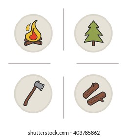 Camping color icons set. Firewood, axe, fir tree and bonfire. Vector isolated illustrations