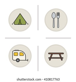 Camping color icons set. Tent, fork and spoon eatery symbol, trailer parking sign and picnic table. Vector isolated illustrations