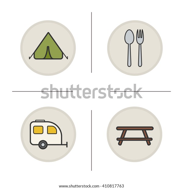 Camping color icons set. Tent, fork and\
spoon eatery symbol, trailer parking sign and picnic table. Vector\
isolated illustrations