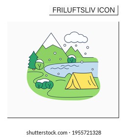 Camping color icon.Tent on river landscape background. Snowy weather. Adventure tourism. Green, eco tourism.Nordic outdoor activities concept.Isolated vector illustration