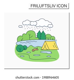 Camping color icon.Tent on river landscape background. Bad weather. Adventure tourism. Green, eco tourism.Nordic outdoor activities concept.Isolated vector illustration