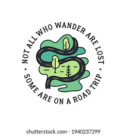 Camping color line art logo design. Vintage adventure linear badge design. Outdoor crest label with road landscape and trees. Travel silhouette emblem isolated. Stock vector isolated