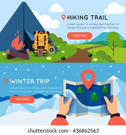 Camping colored banner set with headlines of hiking trail and winter trip vector illustration