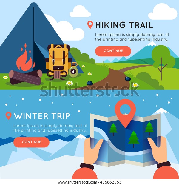 Camping colored banner set with\
headlines of hiking trail and winter trip vector\
illustration