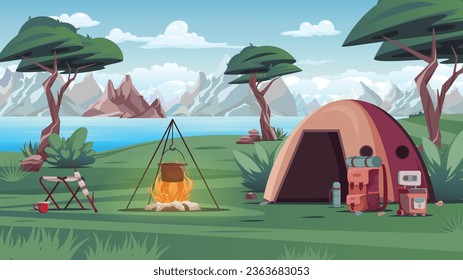 Camping colored composition tent and camping equipment stand in a clearing next to the lake and the mountains vector illustration