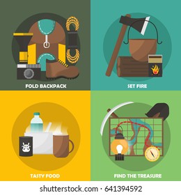 Camping colored compositions with fold backpack set for bonfire tasty food search of treasure isolated vector illustration  