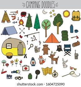 Camping Colored Doodles, tent, camper, forest animals, bow & arrows, freehand, Illustration, fishing pole, flowers, tree, moon, sun, stars, compass, map, walkie talkie, butterfly net, fire, vector