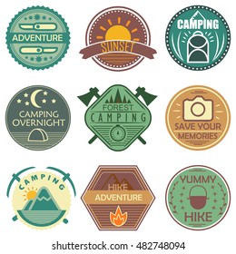 Camping colored emblems in soft tones with hiking gear natural sceneries and ornaments isolated vector illustration