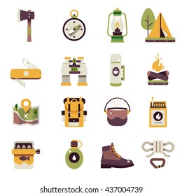 Camping colored isolated icon set with elements attributes and equipments for camp vector illustration