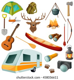 Camping colored isolated icon set with equipment and elements of outfit for hiking vector illustration