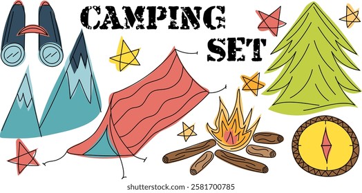 Camping colorful doodle set: compass, campfire, binoculars, tent, mountains, spruce, stars. Vector hand drawn, not AI illustration in black, green, red, blue, brown, yellow colours