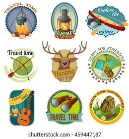 Camping colorful emblems with tent binoculars guitar lantern boat bonfire backpack axe shovel camera isolated vector illustration